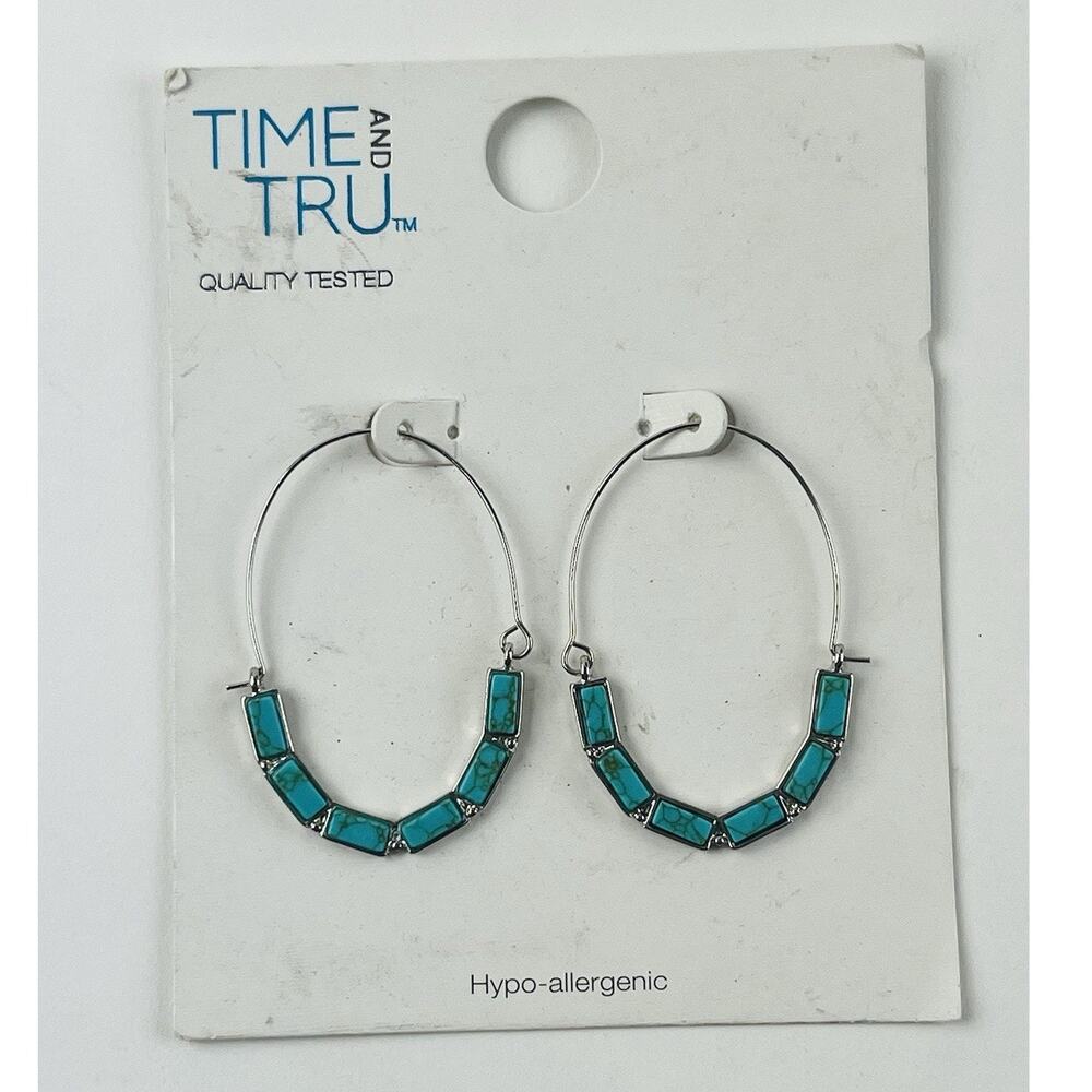 Time And Tru Hoop Earrings Hypo-Allergenic Blue Turquoise Howlite Look Silver Da